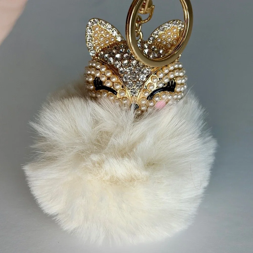 Sparkly Fox Keychain Pearl Rhinestone Faux‎ Fur Pom Pom Bag Charm Coquette Boho